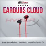 HyperX Cloud Red-Black gaming earbuds with 14mm drivers and universal compatibility.