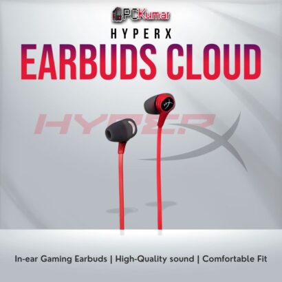 HyperX Cloud Red-Black gaming earbuds with 14mm drivers and universal compatibility.