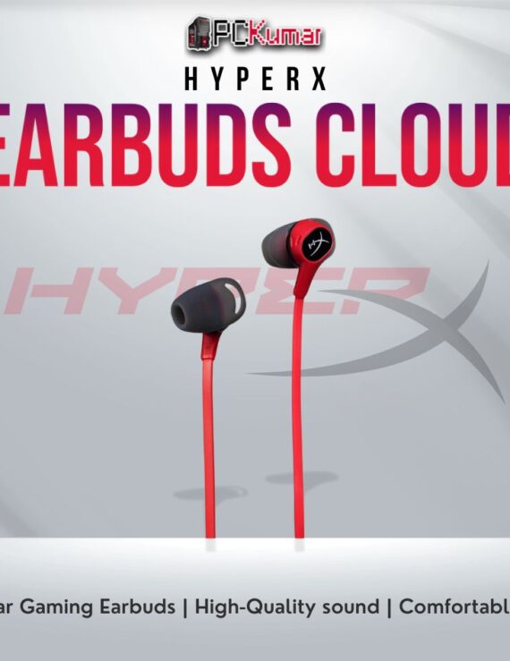 HyperX Cloud Red-Black gaming earbuds with 14mm drivers and universal compatibility.