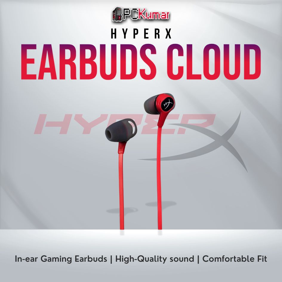 HyperX Cloud Red-Black gaming earbuds with 14mm drivers and universal compatibility.