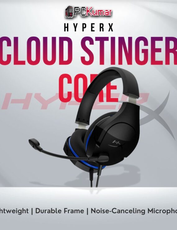 HyperX Cloud Stinger Core headset with stereo sound and noise-canceling microphone.