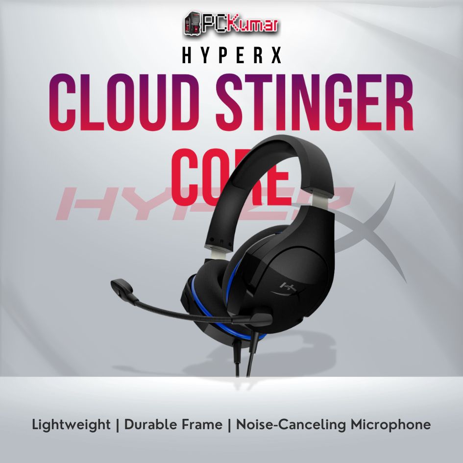 HyperX Cloud Stinger Core headset with stereo sound and noise-canceling microphone.