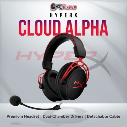 HyperX Cloud Alpha gaming headset with dual-chamber drivers and detachable microphone.