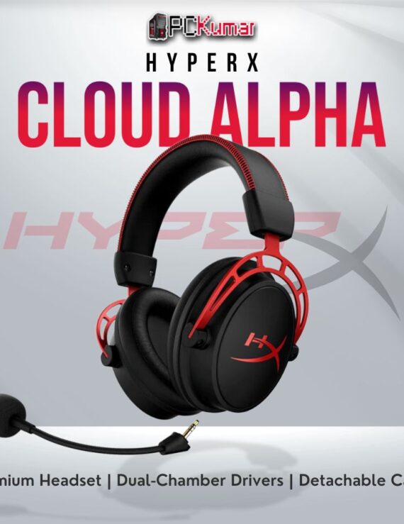 HyperX Cloud Alpha gaming headset with dual-chamber drivers and detachable microphone.