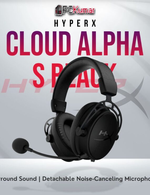 HyperX Cloud Alpha S Black headset with 7.1 surround sound and bass adjustment.