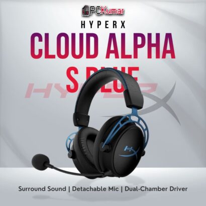 HyperX Cloud Alpha S Blue gaming headset with 7.1 surround sound and dual-chamber drivers.
