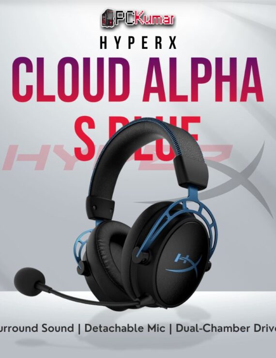 HyperX Cloud Alpha S Blue gaming headset with 7.1 surround sound and dual-chamber drivers.