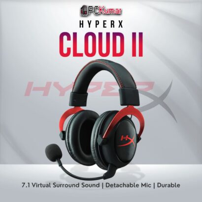 HyperX Cloud II Red gaming headset with 7.1 surround sound and memory foam cushions.