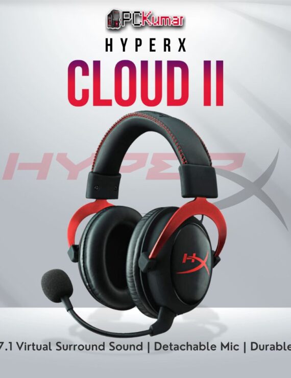 HyperX Cloud II Red gaming headset with 7.1 surround sound and memory foam cushions.