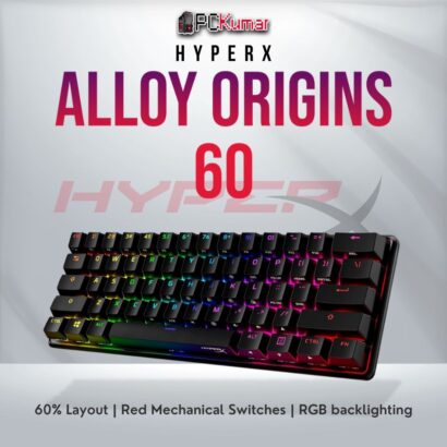 HyperX Alloy Origins 60 Red keyboard with compact design and customizable RGB lighting.