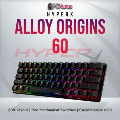 HyperX Alloy Origins 60 keyboard with linear Red switches and RGB backlighting.