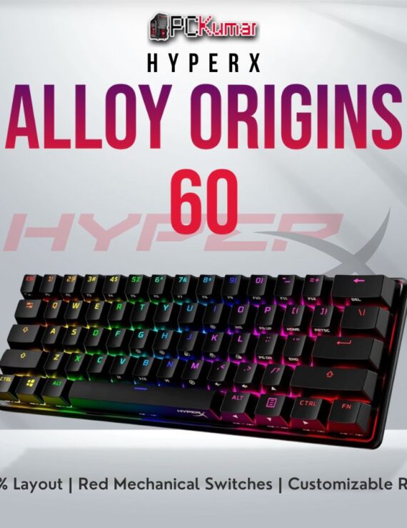 HyperX Alloy Origins 60 keyboard with linear Red switches and RGB backlighting.