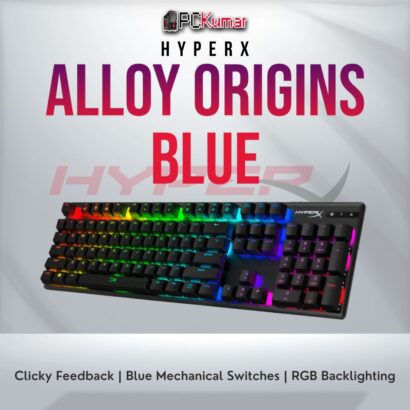 HyperX Alloy Origin keyboard with Blue clicky switches and RGB lighting.