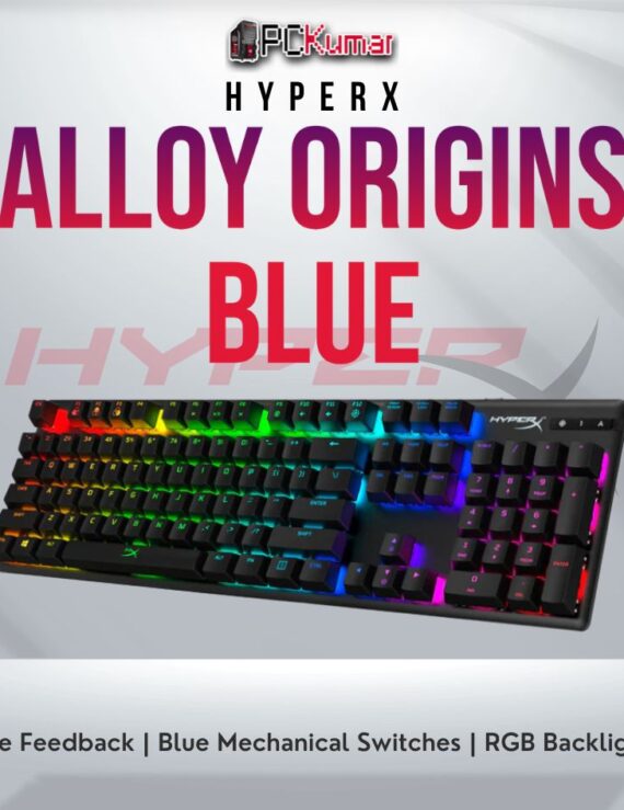 HyperX Alloy Origin Blue mechanical keyboard with tactile switches and RGB lighting.
