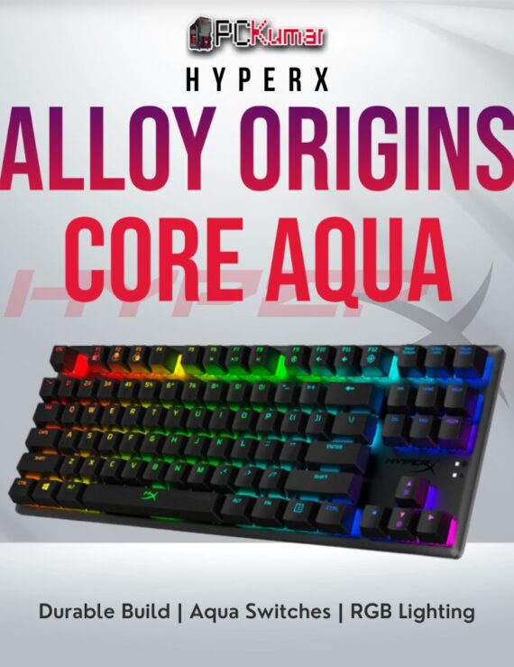 HyperX Alloy Origin Core Aqua keyboard with tactile switches and compact layout.