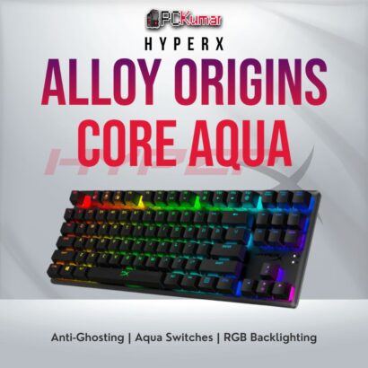 HyperX Alloy Origin Core keyboard with Aqua tactile switches and RGB lighting.