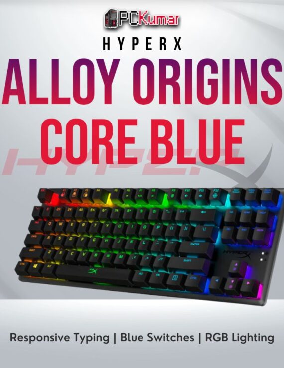 HyperX Alloy Origins Core Blue mechanical keyboard with RGB lighting and compact layout.