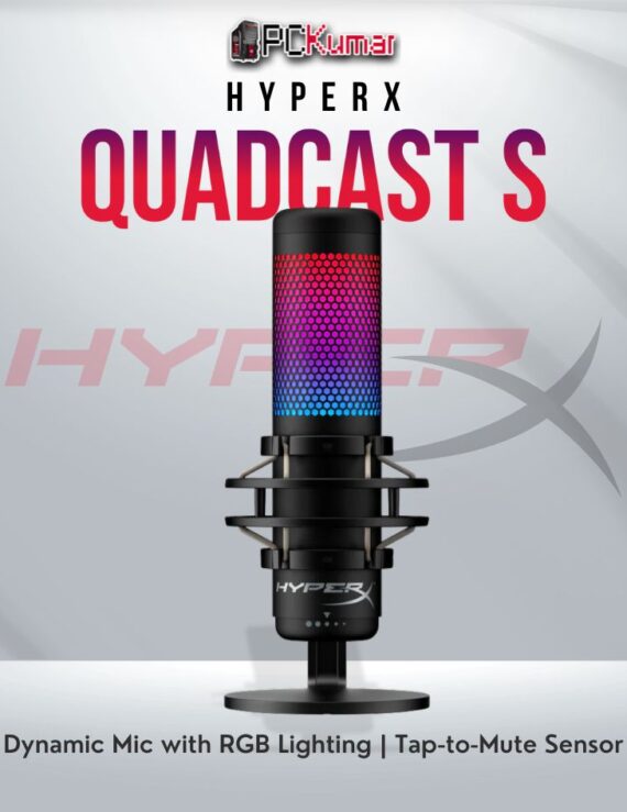 HyperX QuadCast S microphone with RGB lighting and versatile polar patterns.