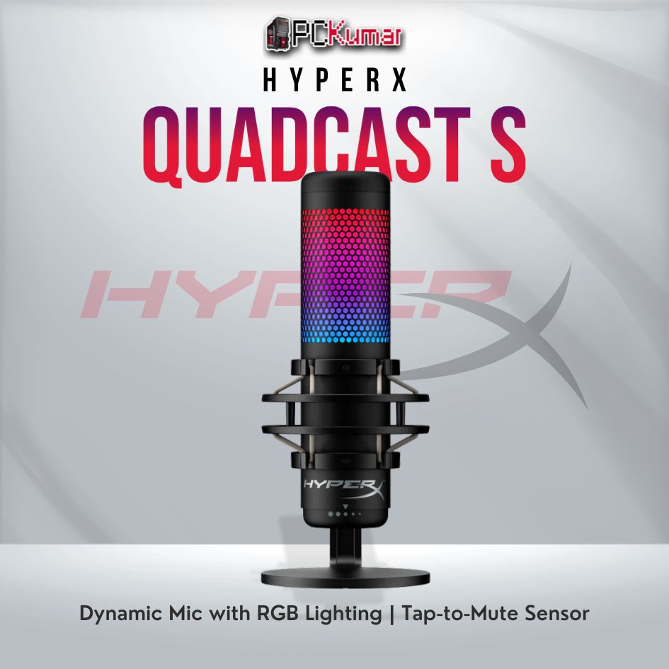 HyperX QuadCast S microphone with RGB lighting and versatile polar patterns.