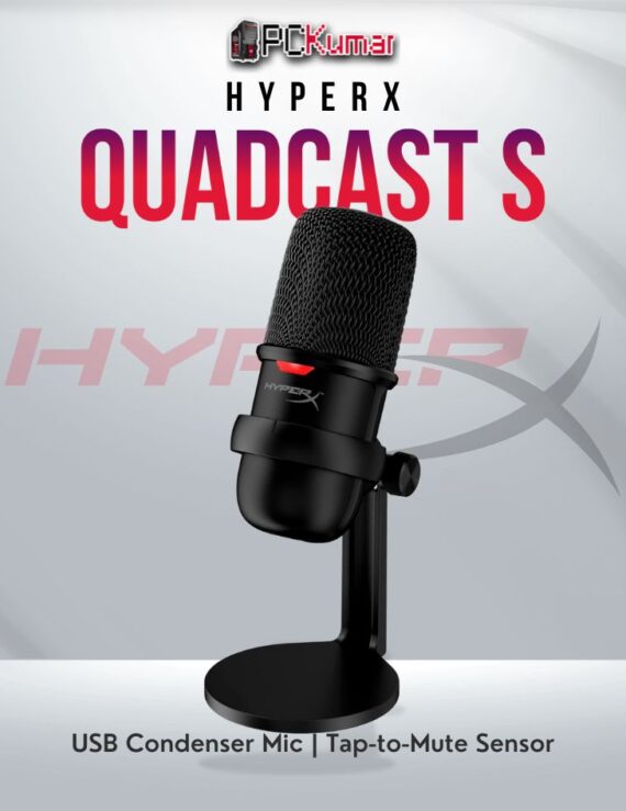 HyperX Solocast microphone with tap-to-mute feature and USB-C connectivity.