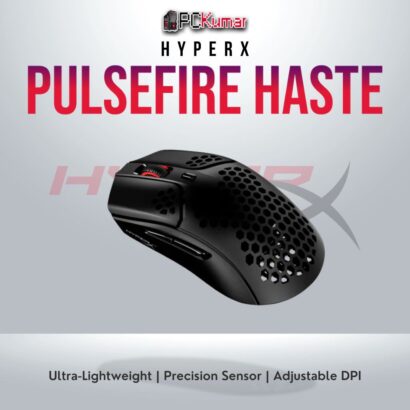 HyperX Pulsefire Haste Black gaming mouse with lightweight design and Pixart 3335 sensor.