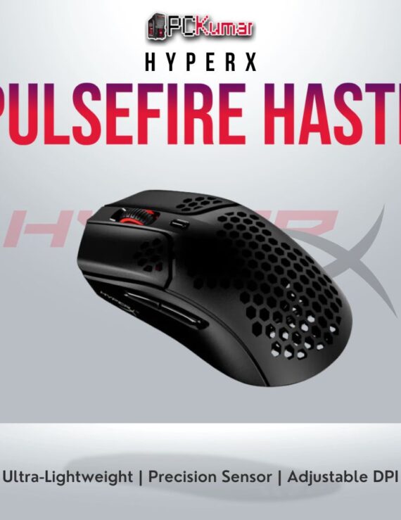 HyperX Pulsefire Haste Black gaming mouse with lightweight design and Pixart 3335 sensor.
