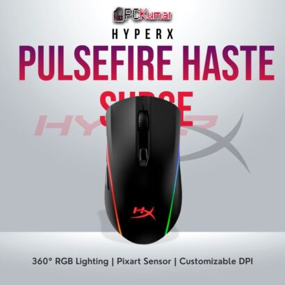 HyperX Pulsefire Surge gaming mouse with Pixart 3389 sensor and RGB lighting.