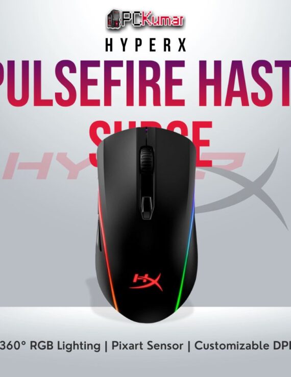 HyperX Pulsefire Surge gaming mouse with Pixart 3389 sensor and RGB lighting.