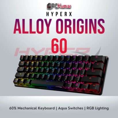 HyperX Alloy Origins 60 Aqua keyboard with tactile switches and RGB lighting.