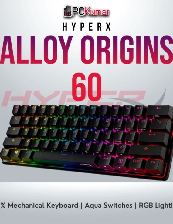 HyperX Alloy Origins 60 Aqua keyboard with tactile switches and RGB lighting.