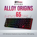 HyperX Alloy Origins 65 HX Aqua keyboard with tactile switches and RGB backlighting.