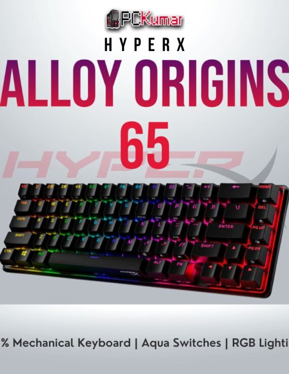HyperX Alloy Origins 65 HX Aqua keyboard with tactile switches and RGB backlighting.