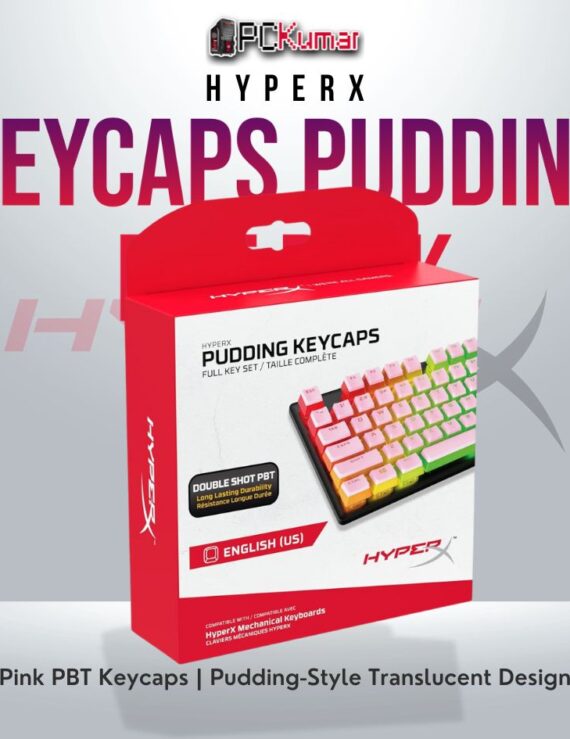 HyperX Pudding PBT Pink keycaps with translucent design for RGB lighting.