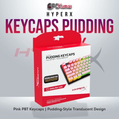 HyperX Pink Pudding PBT keycaps with translucent sides for RGB keyboards.