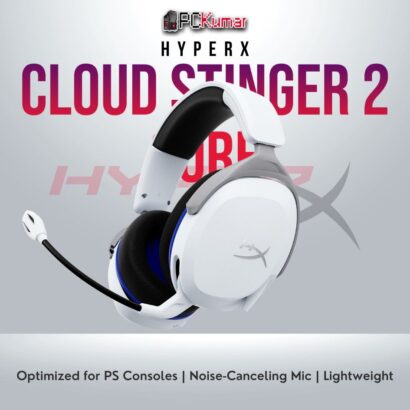 HyperX Cloud Stinger 2 Core PS White gaming headset with 50mm drivers and noise-canceling mic.