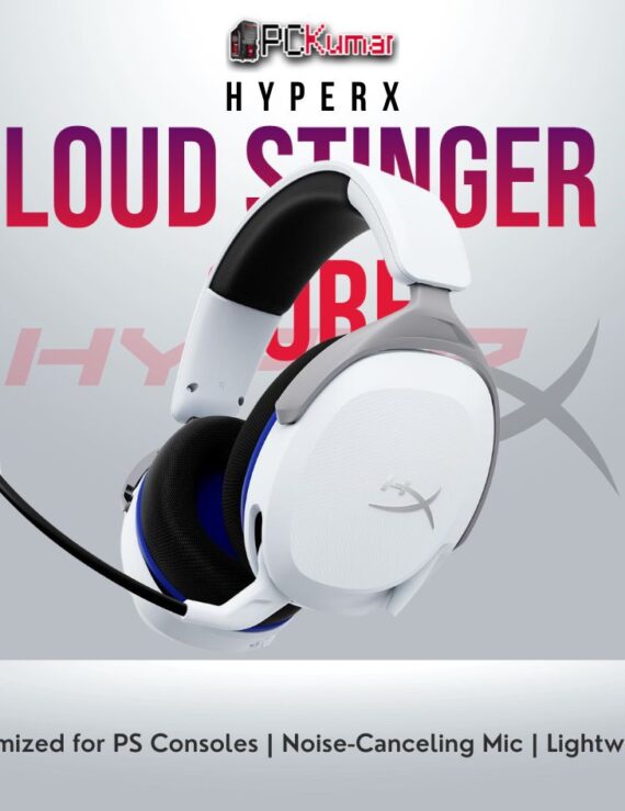 HyperX Cloud Stinger 2 Core PS White gaming headset with 50mm drivers and noise-canceling mic.