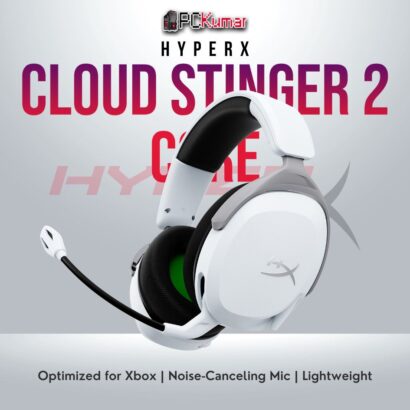 HyperX CloudX Stinger 2 Core White headset for Xbox with noise-canceling mic.