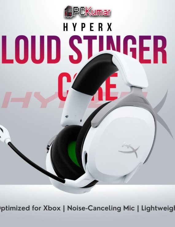 HyperX CloudX Stinger 2 Core White headset for Xbox with noise-canceling mic.