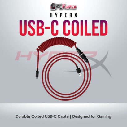 HyperX USB-C coiled cable in Red-Black design for gaming and connectivity.