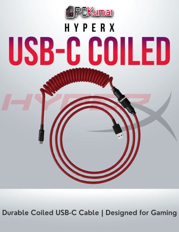 HyperX USB-C coiled cable in Red-Black design for gaming and connectivity.