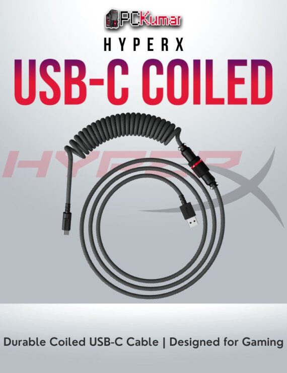 HyperX USB-C coiled cable in Gray-Black for reliable gaming and connectivity.