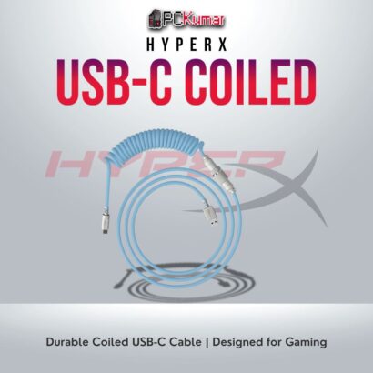 HyperX USB-C coiled cable in Light Blue-White for gaming and connectivity.