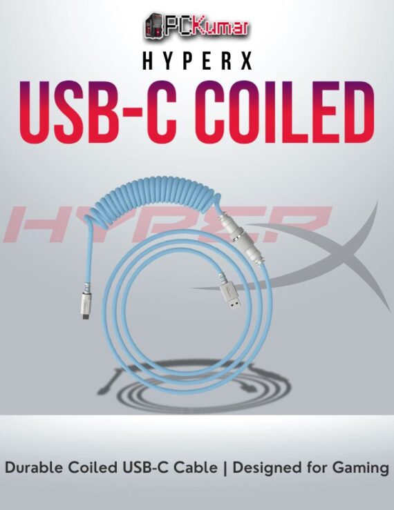 HyperX USB-C coiled cable in Light Blue-White for gaming and connectivity.