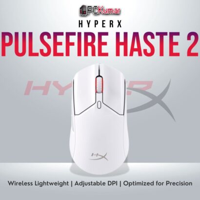HyperX Pulsefire Haste 2 Wireless White gaming mouse with 26,000 DPI and long battery life.
