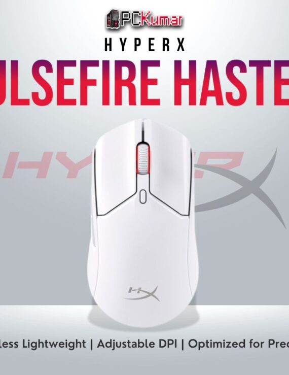 HyperX Pulsefire Haste 2 Wireless White gaming mouse with 26,000 DPI and long battery life.