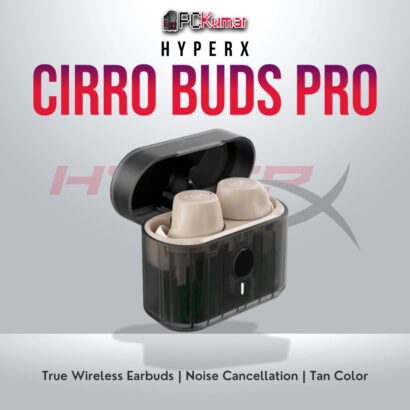 HyperX Cirro Buds Pro True Wireless TAN earbuds with noise canceling and long battery life.