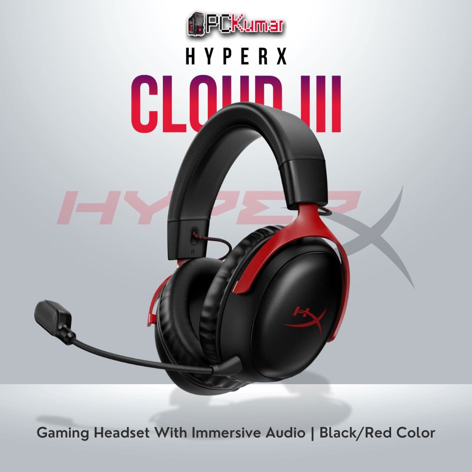 HyperX Cloud III Black/Red GAM headset with 53mm drivers and DTS:X spatial audio.