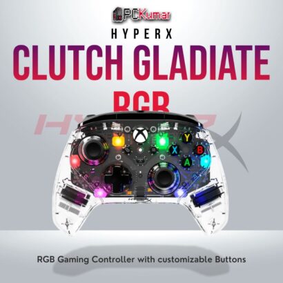 HyperX Clutch Gladiate RGB gaming controller with ergonomic design and customizable lighting.