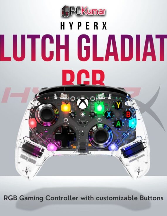HyperX Clutch Gladiate RGB gaming controller with ergonomic design and customizable lighting.