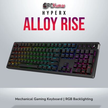 HyperX Alloy Rise GKBD-US keyboard with mechanical switches and RGB lighting.